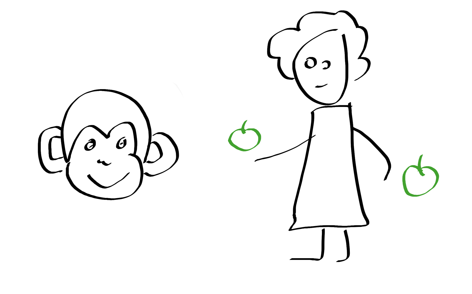 Довольный капуцин и учёный с одним яблоком